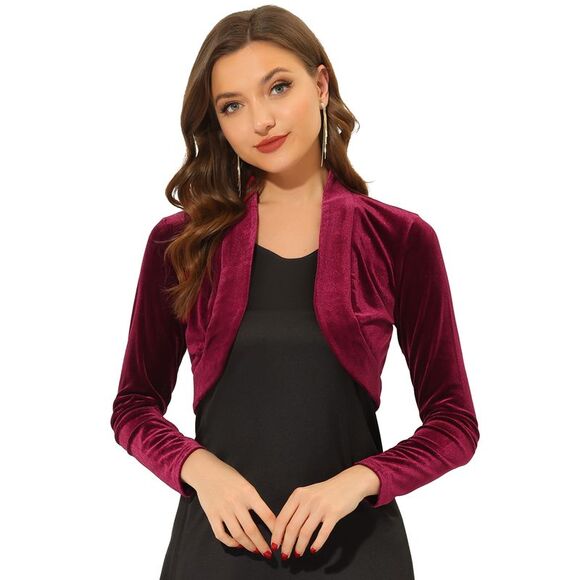 Long Sleeve Velvet Shrug Open Front Cropped Bolero Cardigan Top Burgundy - Picture 1 of 5